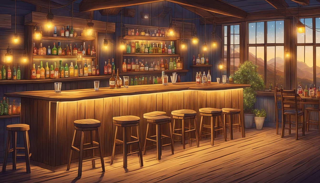 A rustic wooden bar adorned with an array of colorful Texas cider cocktails, surrounded by the warm glow of string lights and the buzz of lively conversation