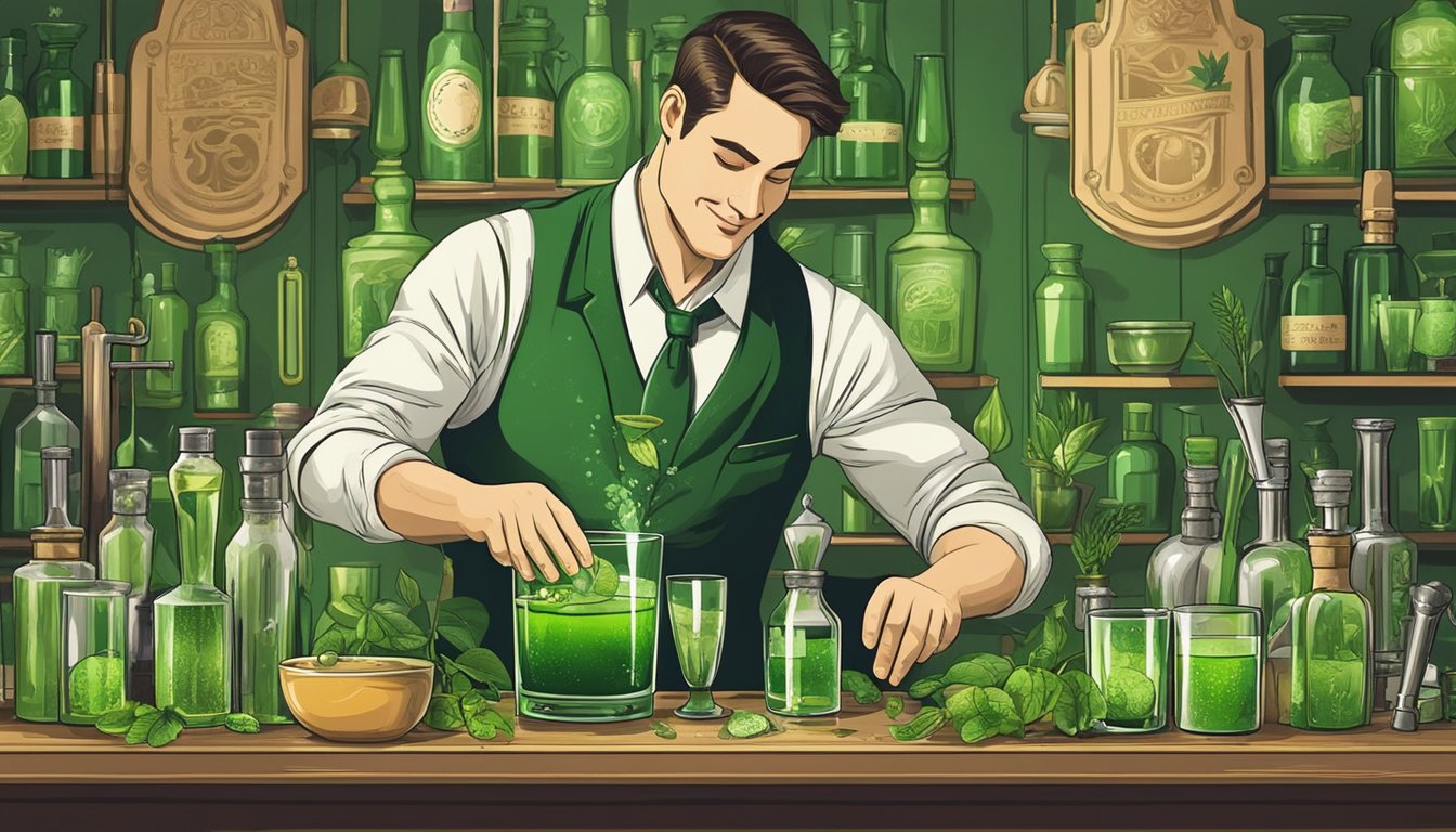 A bartender expertly pours green absinthe into a glass, surrounded by vintage bar tools and botanical ingredients