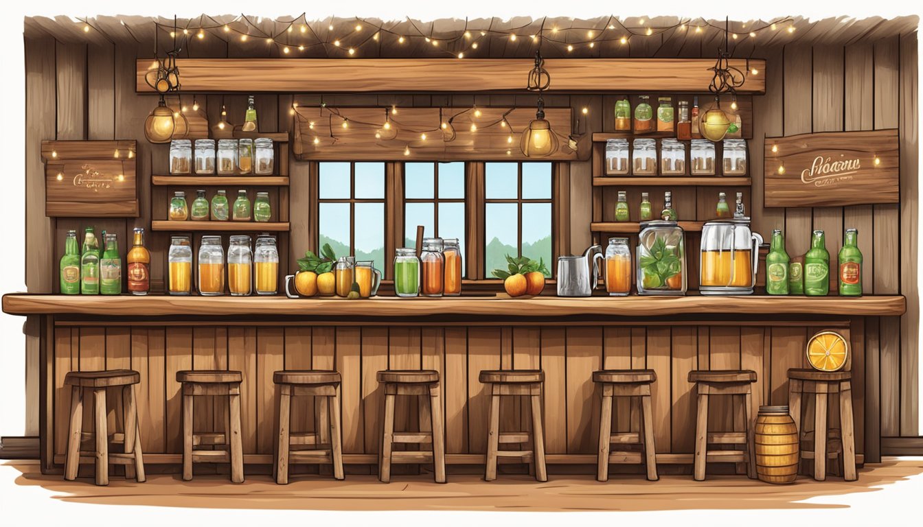 A rustic wooden bar adorned with fresh apples, cinnamon sticks, and a variety of Texas ciders, surrounded by mason jars and cocktail shakers