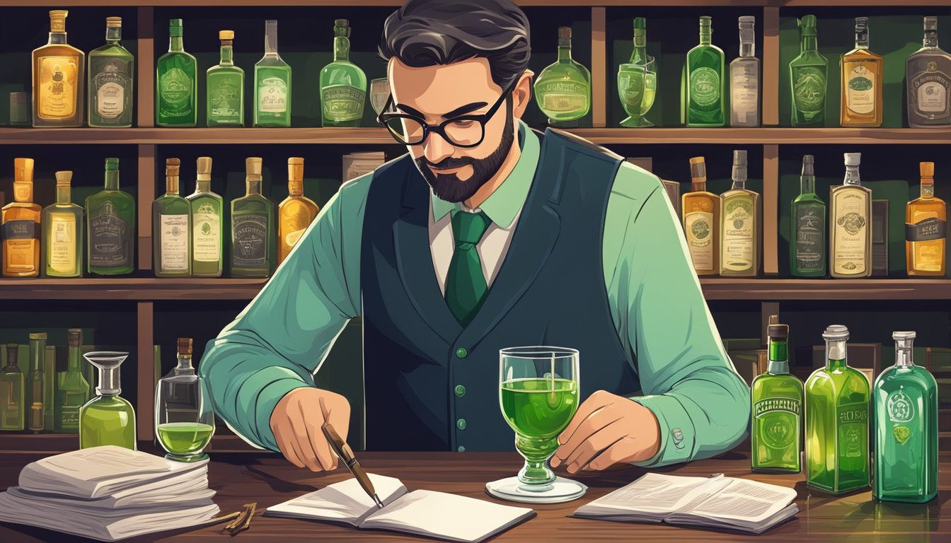 A bartender carefully measures and pours ingredients for a Texas absinthe cocktail while surrounded by legal documents and books on a bar counter