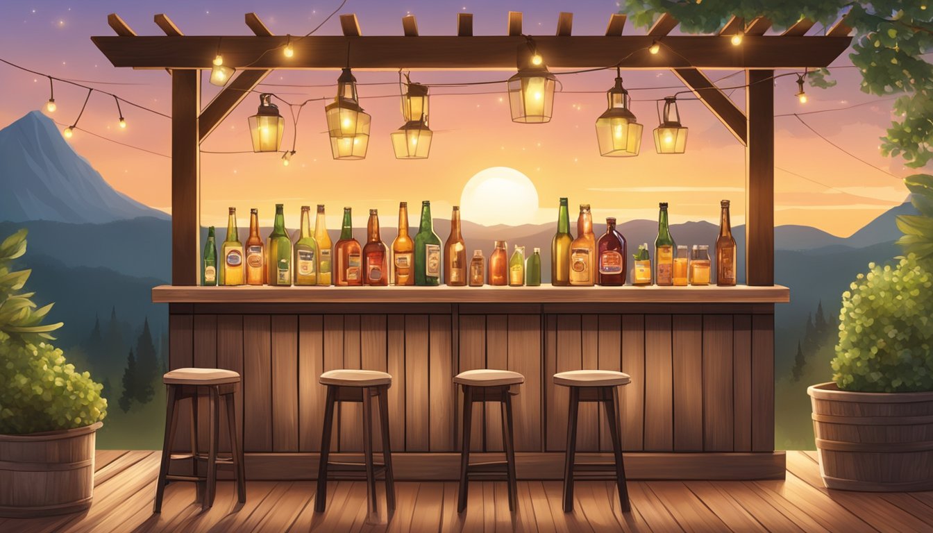 A rustic wooden bar with a variety of cider bottles and fresh fruits, surrounded by a cozy outdoor patio with string lights and a Texas sunset in the background