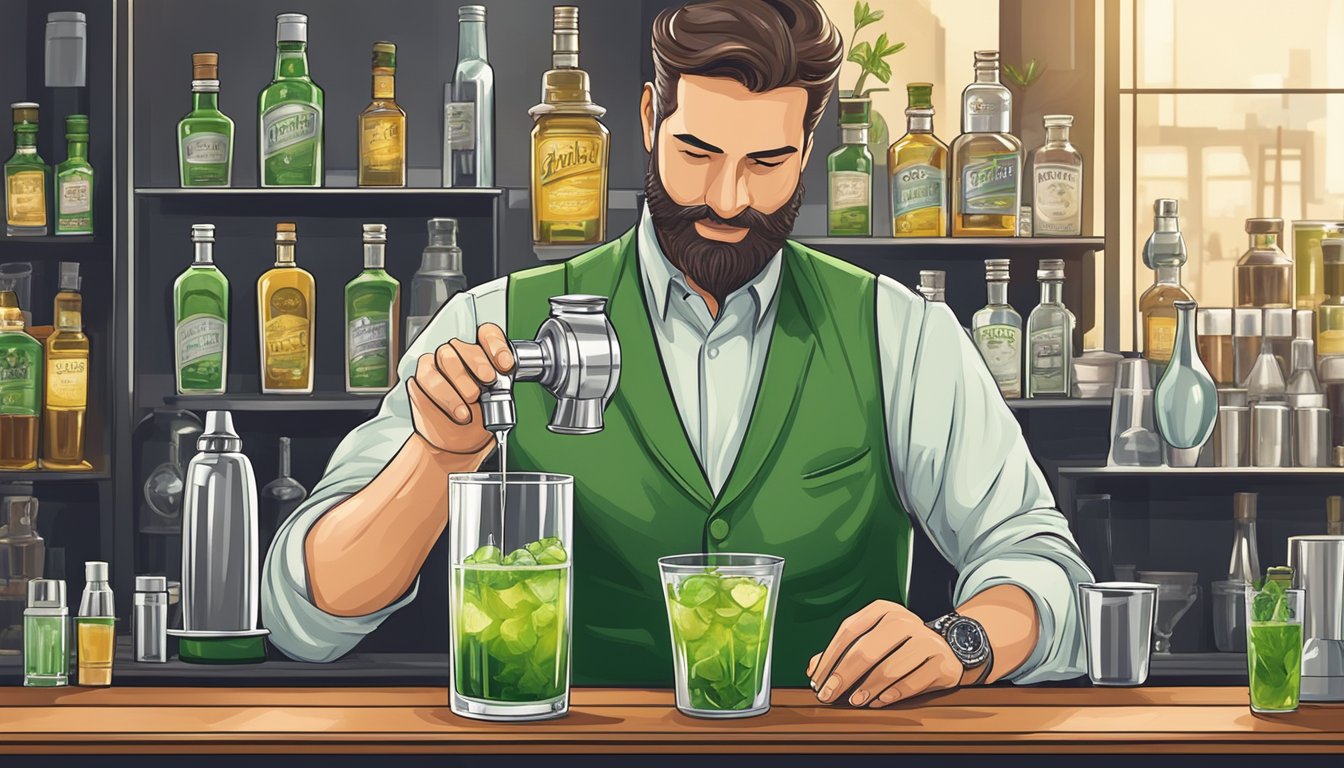 A bartender carefully measures Texas absinthe, mixing it with fresh herbs and artisanal bitters in a sleek cocktail shaker