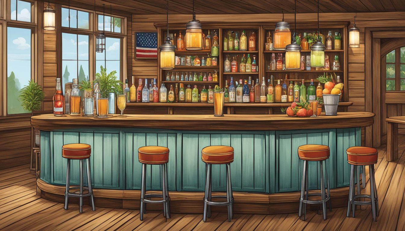 A rustic wooden bar adorned with Texas-themed decor showcases a variety of cider cocktails, served in vintage glassware with fresh fruit garnishes