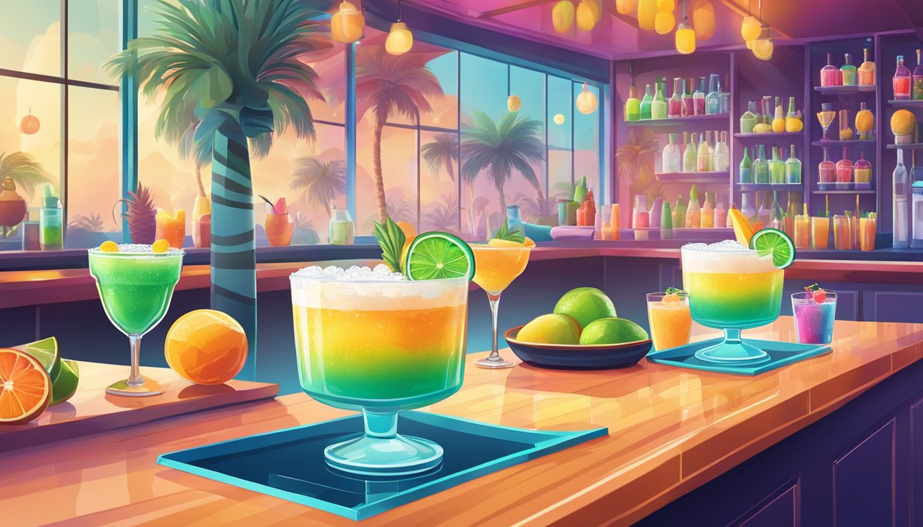 A colorful, retro-style frozen margarita machine sits on a sleek, modern bar counter, surrounded by vibrant tropical fruits and cocktail glasses