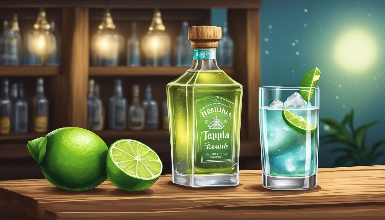 A rustic wooden bar with a bottle of tequila, a wedge of lime, and a glass filled with ice and sparkling water