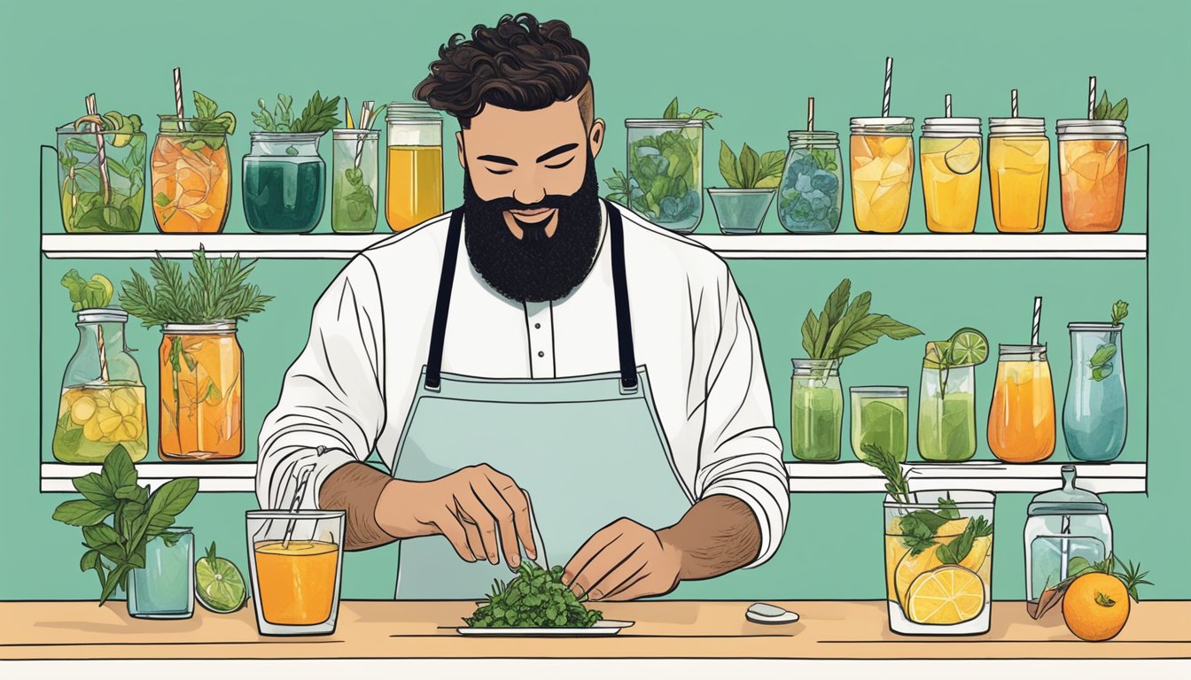 A bartender in Texas uses reusable straws, fresh ingredients, and compostable garnishes to create zero waste cocktails