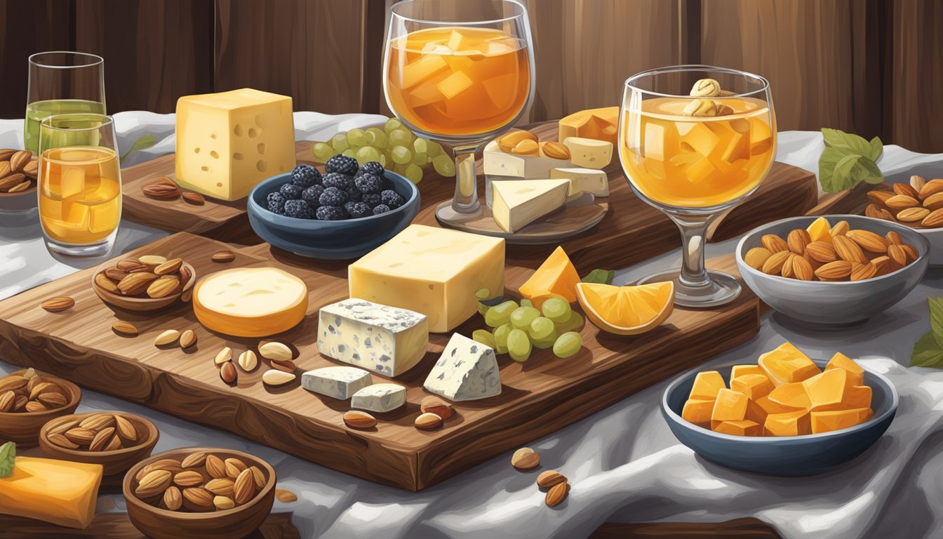 A rustic wooden table adorned with a variety of Texas cheeses, nuts, and dried fruits, accompanied by an array of colorful cocktails in elegant glassware