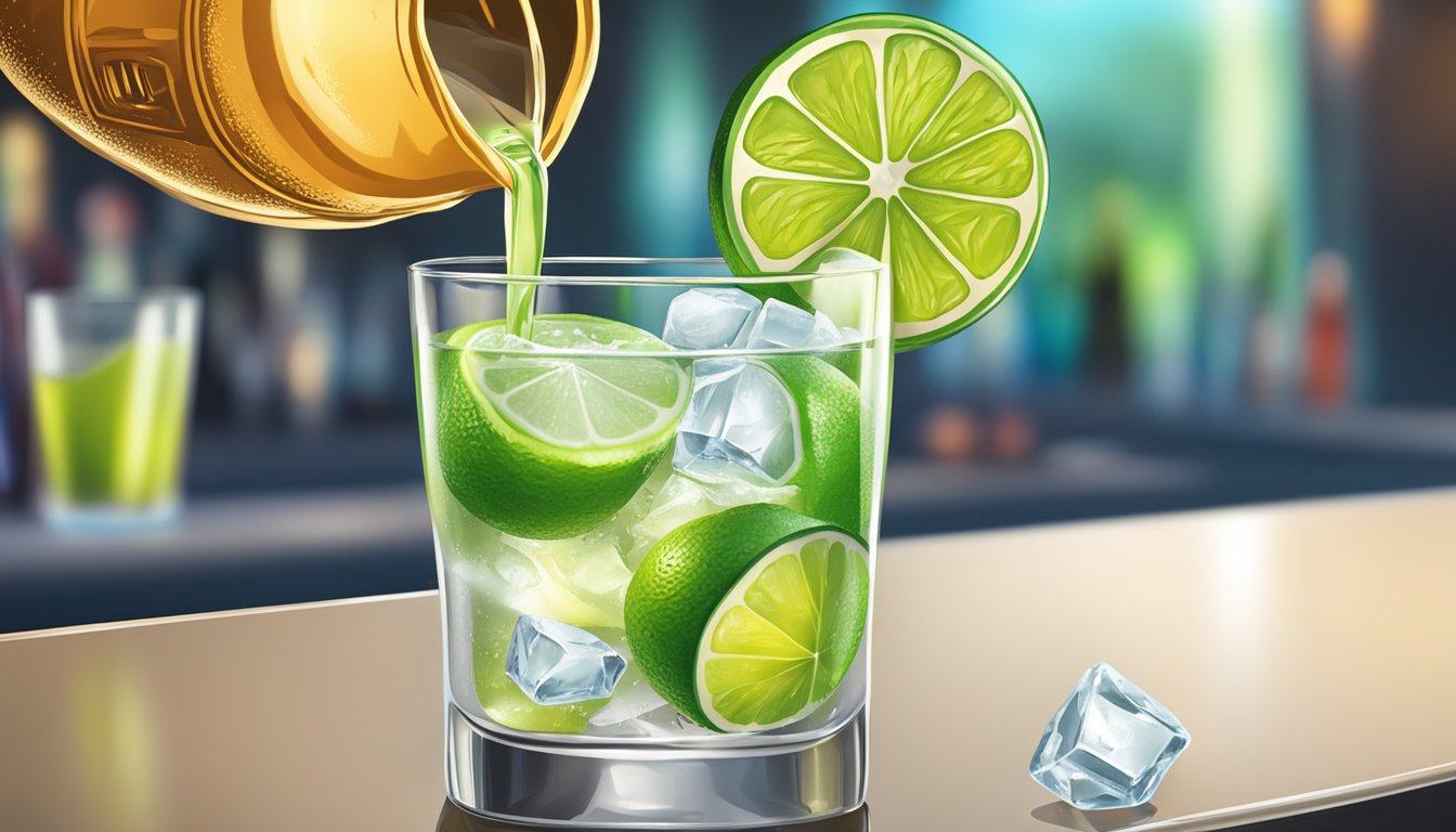 Bartender pouring tequila, lime juice, and soda into a glass with ice, garnished with a lime wedge