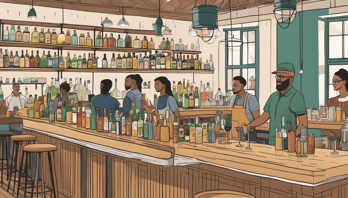 A bustling bar with a diverse crowd, surrounded by shelves of locally-sourced ingredients and reusable glassware. Bartenders creatively craft zero waste cocktails, emphasizing community and sustainability