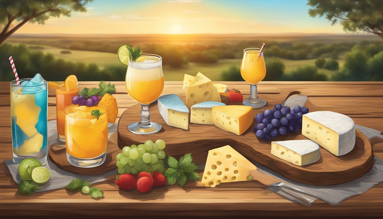 A rustic wooden table adorned with a variety of Texas cheeses and colorful cocktails, set against a backdrop of a Texas landscape