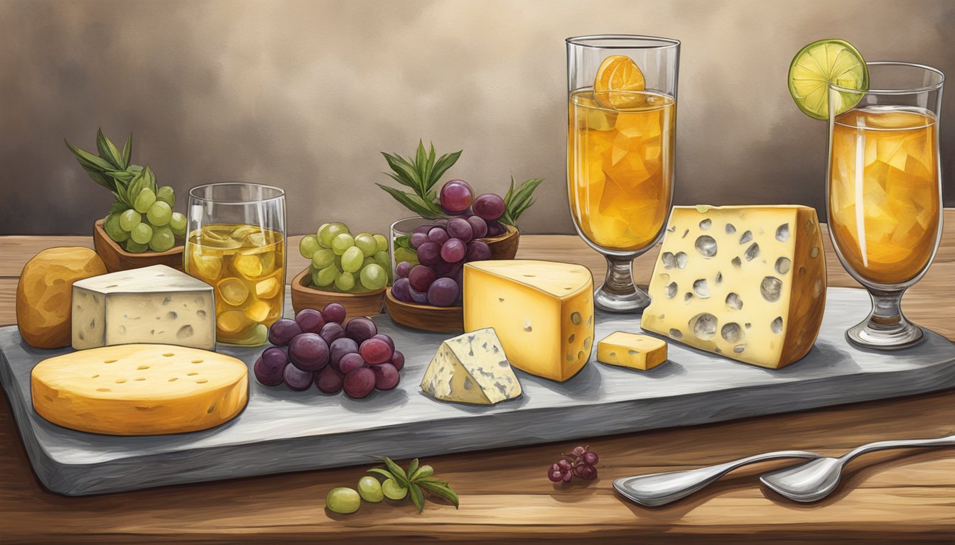 A rustic wooden board showcasing a variety of Texas cheeses, accompanied by a selection of artisanal cocktails in elegant glassware