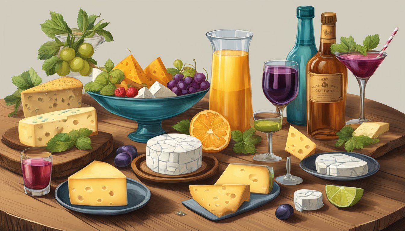 A rustic wooden table adorned with an assortment of Texas cheeses, surrounded by an array of colorful cocktails in elegant glassware