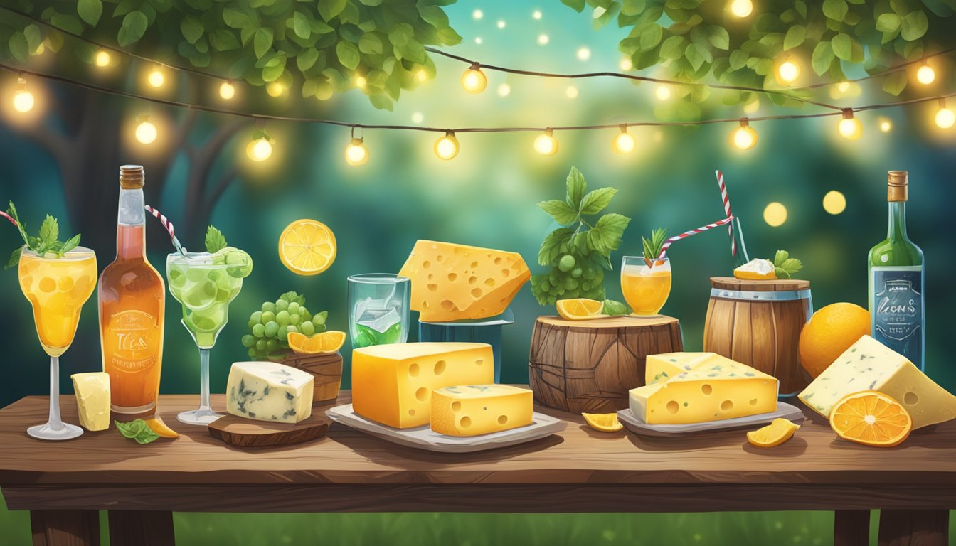 A rustic wooden table adorned with a variety of Texas cheeses and colorful cocktails, set against a backdrop of lush greenery and twinkling string lights