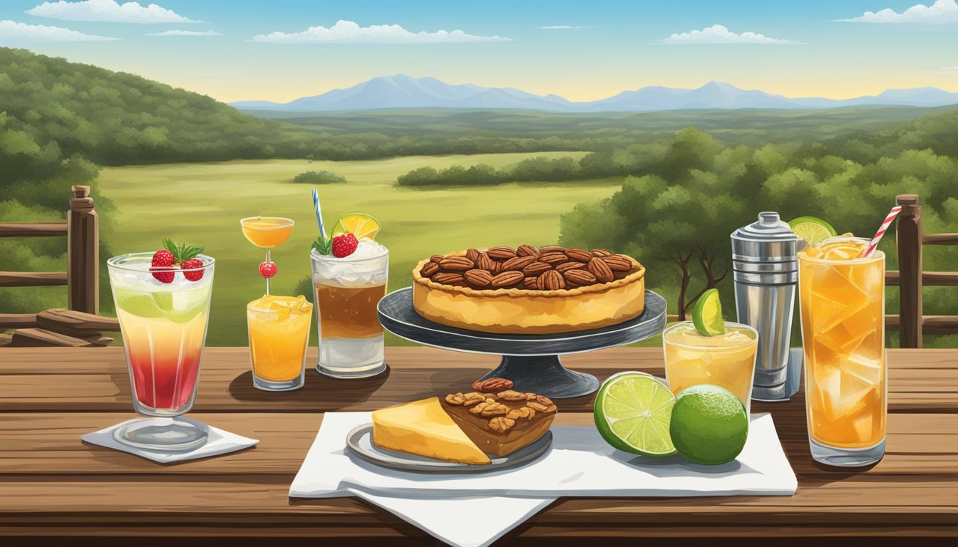 A rustic wooden table with a spread of Texas cocktails and desserts, including a margarita and pecan pie, set against a backdrop of the Texas Hill Country