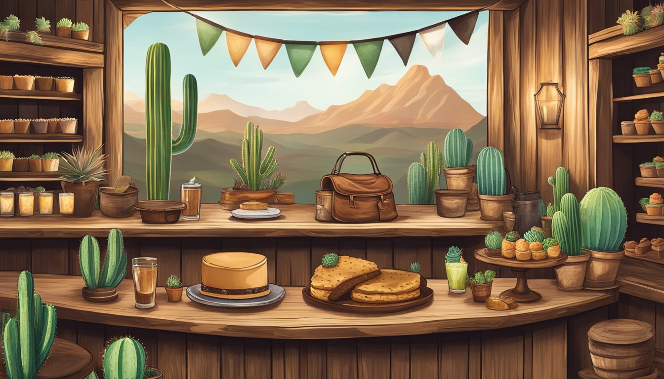 A rustic bar setting with a cowboy hat, cactus, and cowboy boots, paired with a decadent dessert display