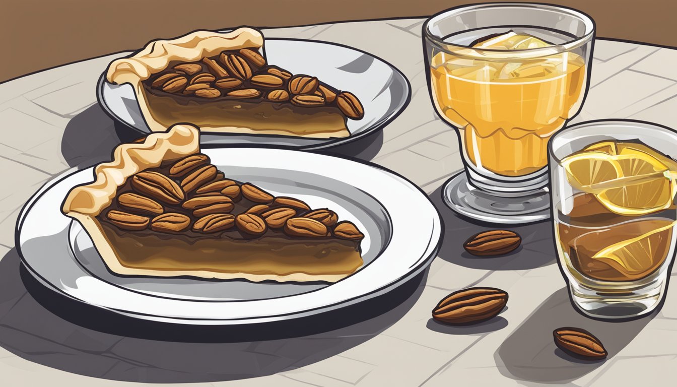 A slice of pecan pie sits next to a glass of bourbon, while a margarita is paired with a serving of sopapillas