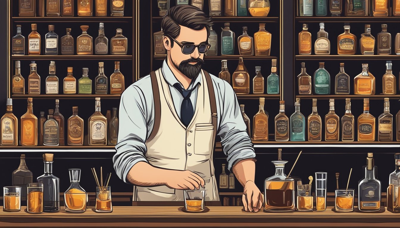 A bartender carefully measures and mixes ingredients to create the perfect classic old fashioned cocktail. The bar is well-stocked with various types of whiskey