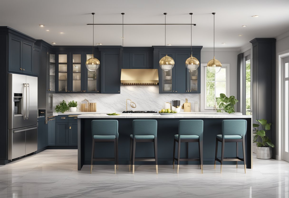 A sleek, modern IKEA kitchen with marble countertops, high-end appliances, and elegant lighting