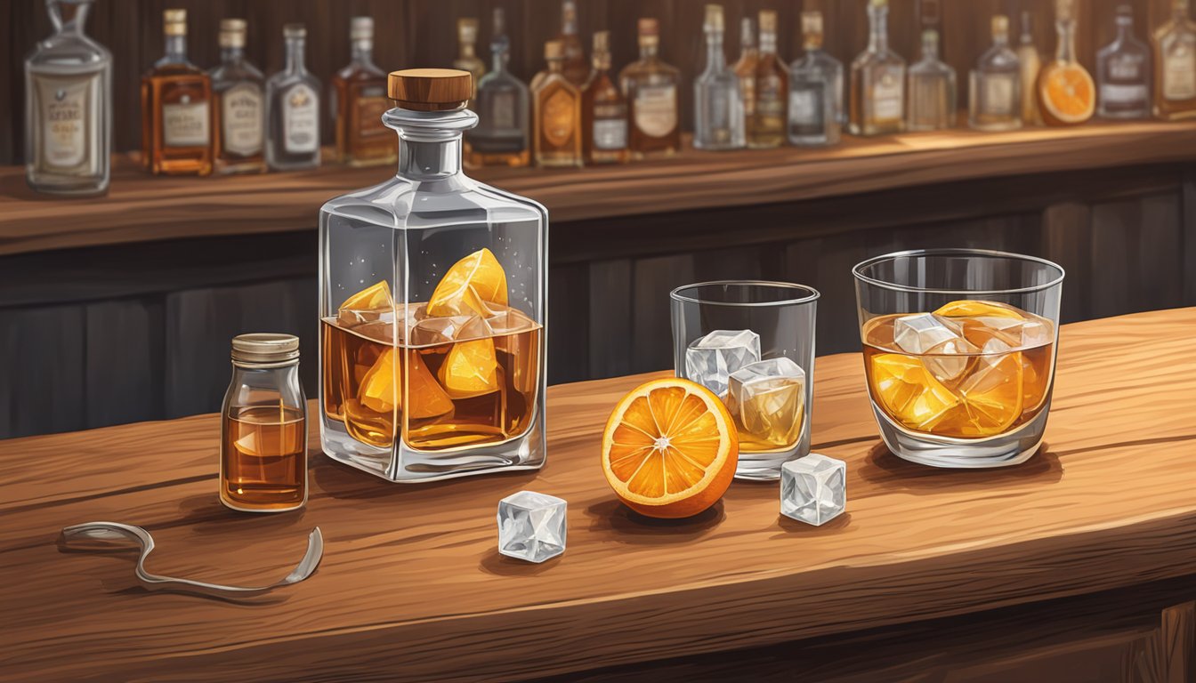 A rustic wooden bar top with a crystal clear mixing glass, a bottle of bourbon, a sugar cube, bitters, and an orange peel