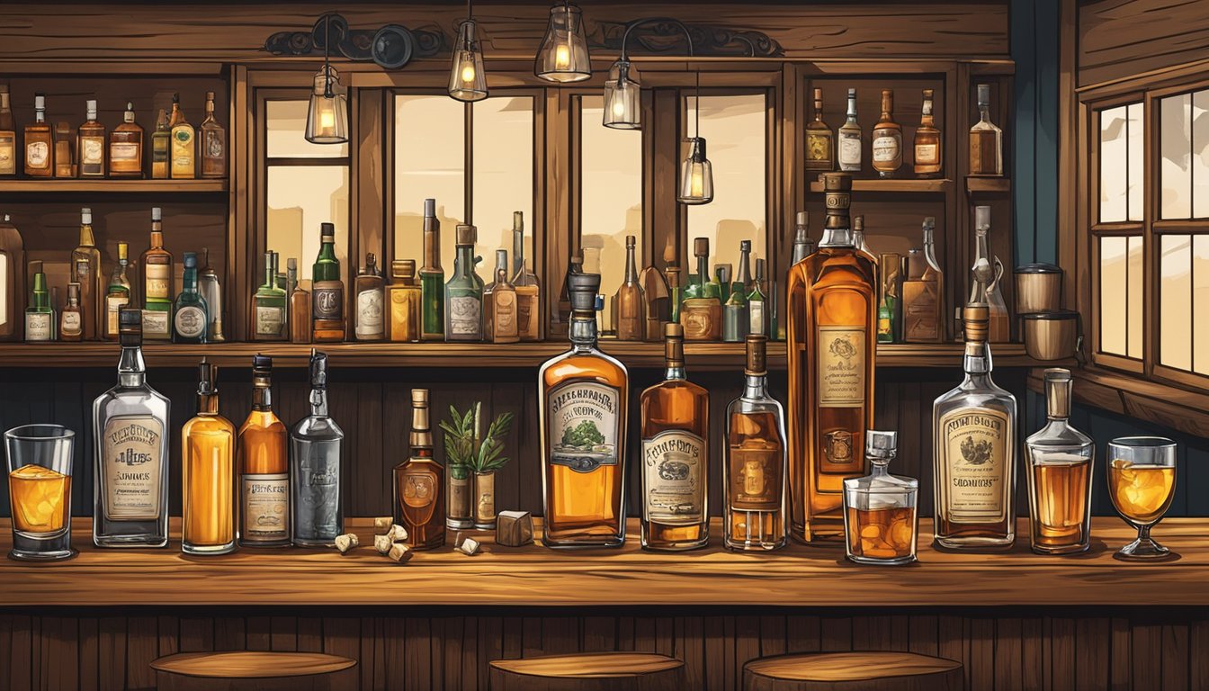 A rustic bar setting with various bottles of whiskey, bitters, and sugar cubes displayed, alongside bar tools and garnishes for creating unique variations of the classic old fashioned cocktail