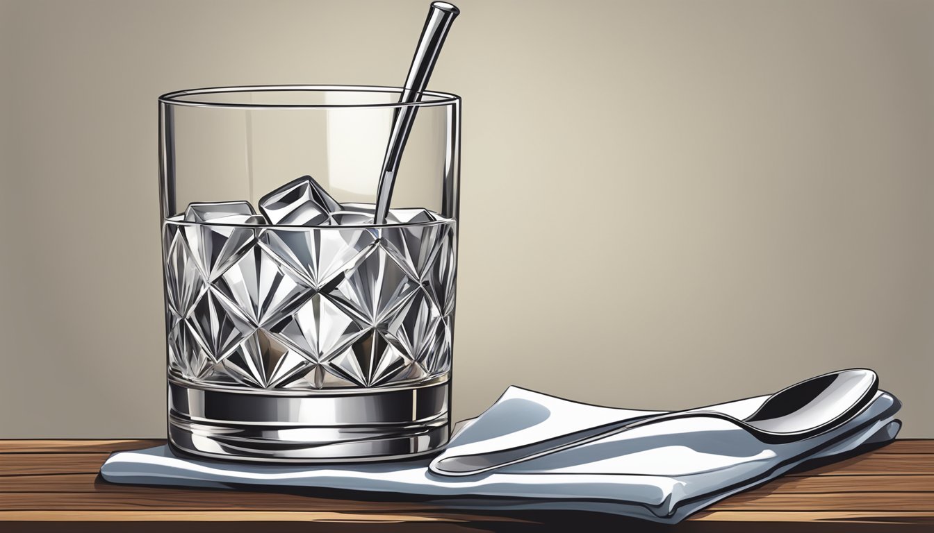 A crystal old fashioned glass sits on a wooden bar, filled with a perfectly crafted cocktail. A sleek metal stirring spoon rests on a napkin beside it