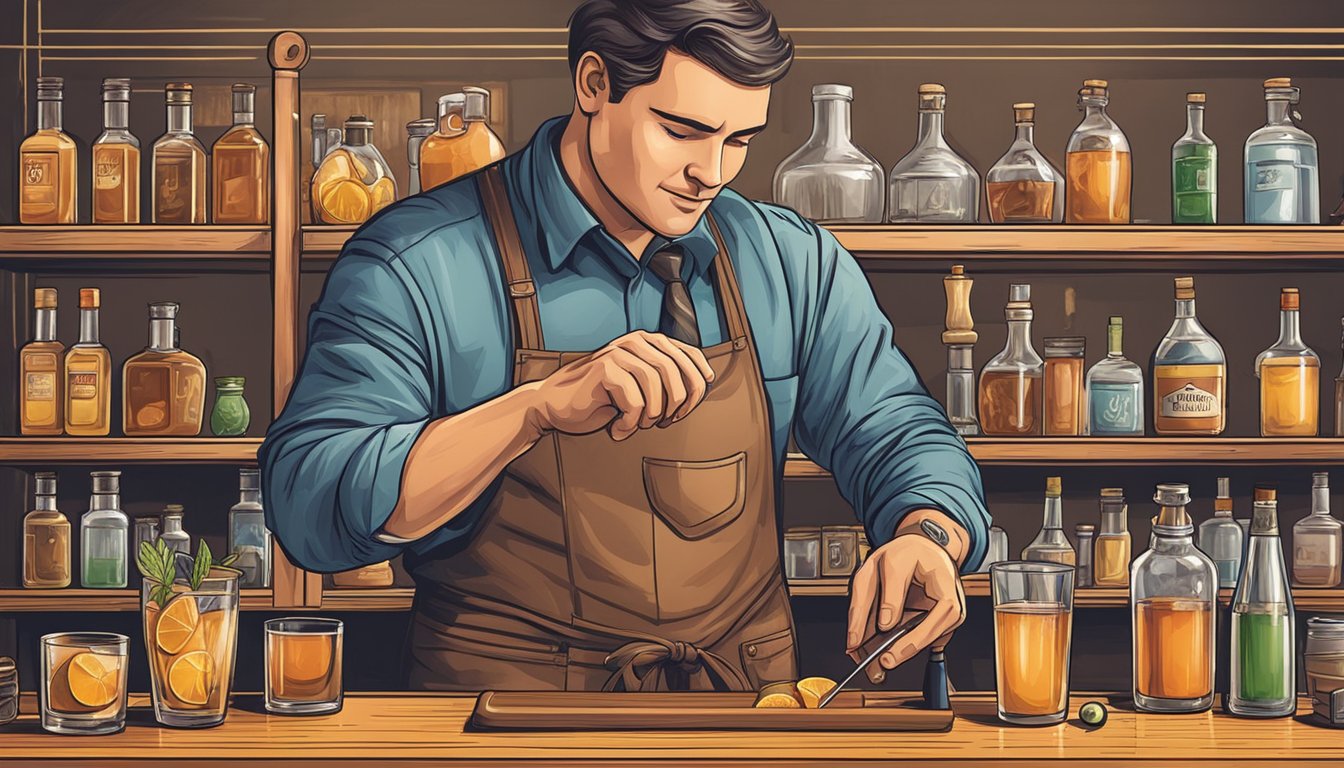 A bartender expertly prepares a classic old fashioned, carefully measuring and mixing ingredients with precision and skill