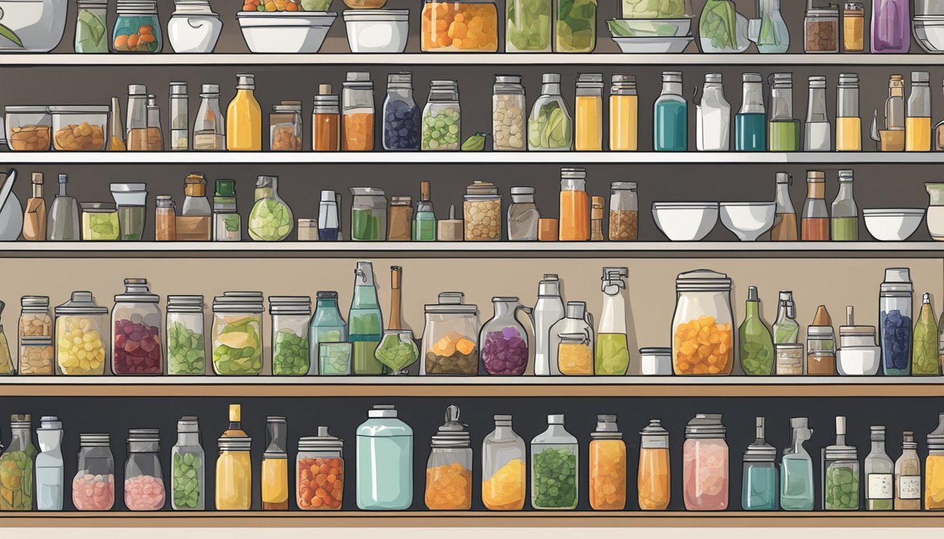 A cluttered kitchen counter with various bottles, shakers, and garnishes, alongside a neatly organized storage area filled with labeled containers of pre-made cocktail batches