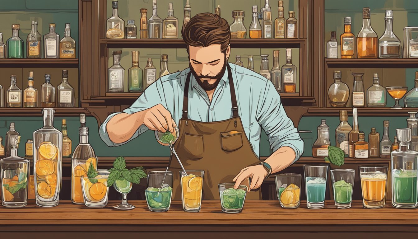 A bartender carefully measures and mixes ingredients for a sazarac cocktail, surrounded by vintage glassware and a Texas-themed backdrop