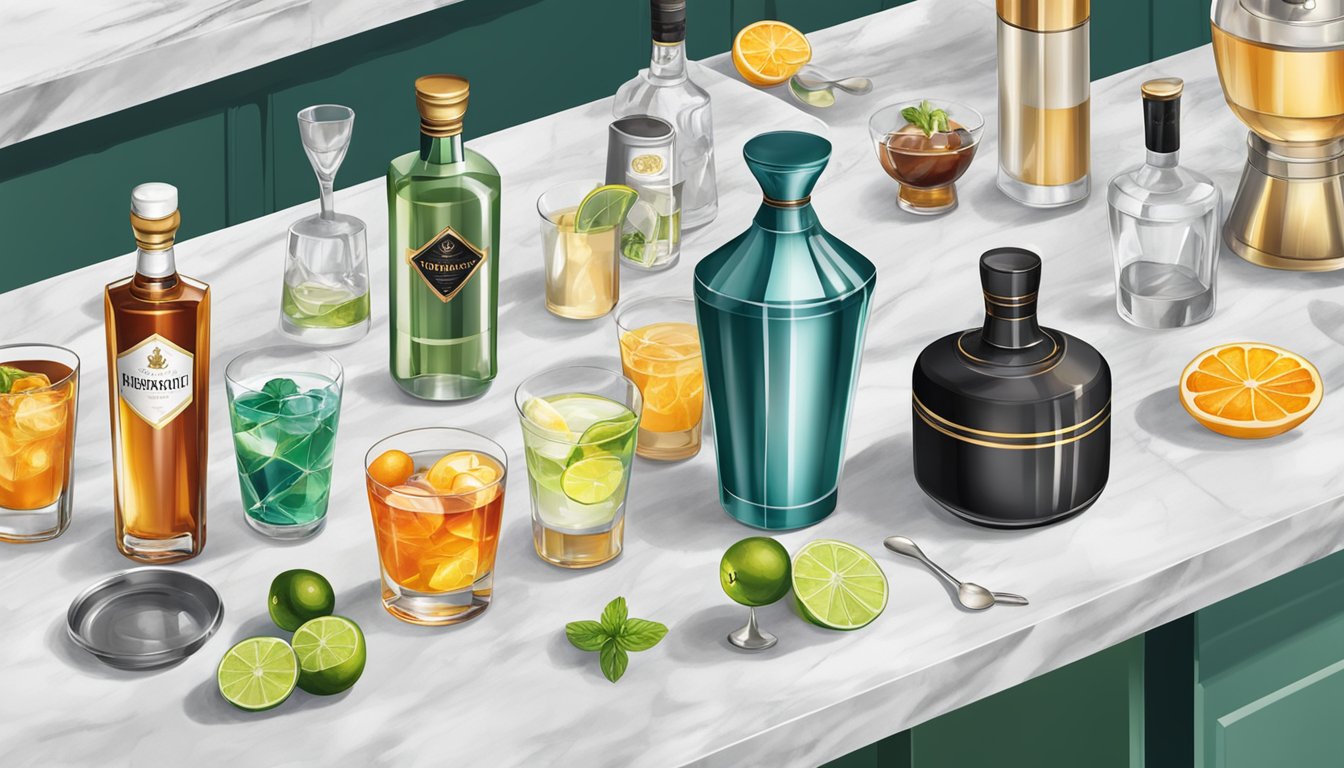 A sleek cocktail shaker surrounded by a variety of premium spirits, vermouth, and a selection of garnishes on a marble bar top