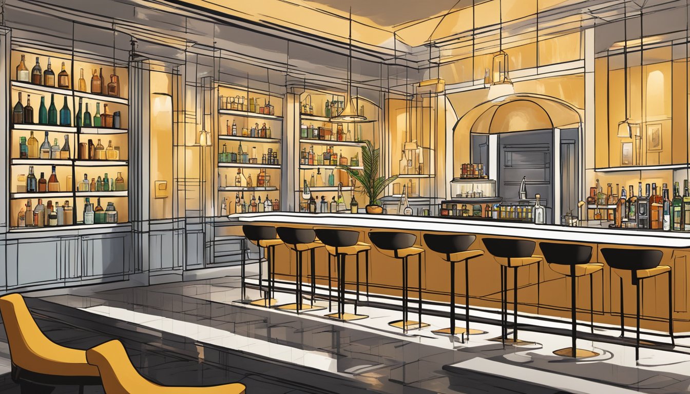 A sleek, modern cocktail bar with a Texas twist. A Sazerac cocktail is being expertly prepared behind the bar, with a backdrop of contemporary decor and a hint of mystery