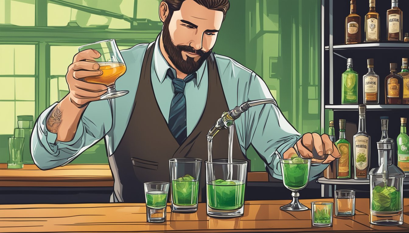 A bartender pours rye whiskey into a chilled glass, adding absinthe, sugar, and bitters to create a Sazerac cocktail