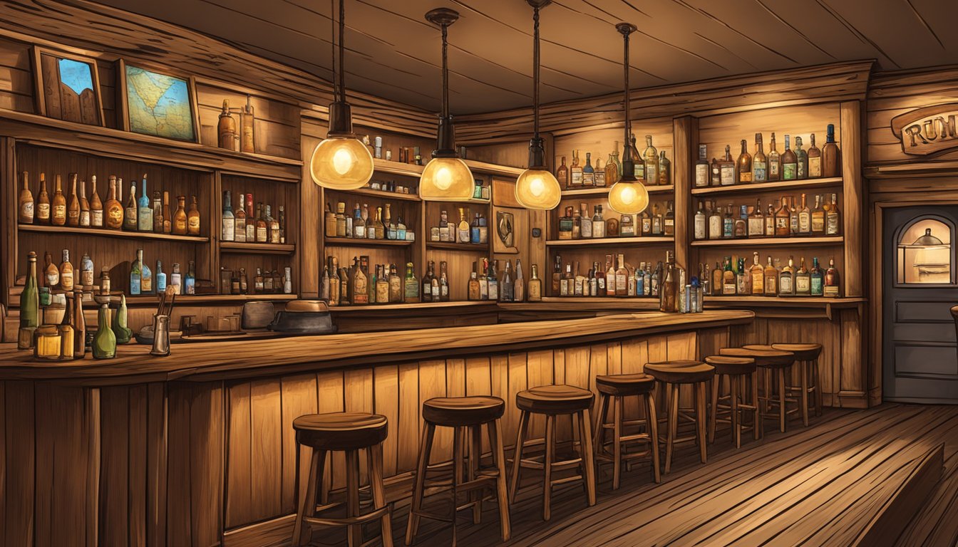 A rustic, Texas-themed bar with shelves of rum bottles, cowboy hats, and a map of the state on the wall. Warm lighting and a cozy atmosphere invite patrons to explore the history of rum in Texas