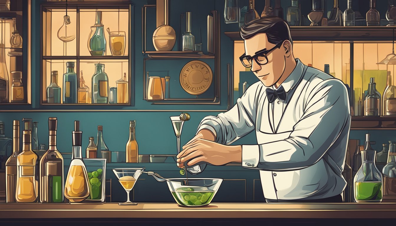 A bartender skillfully prepares a classic martini, carefully measuring and mixing the ingredients with precision and focus