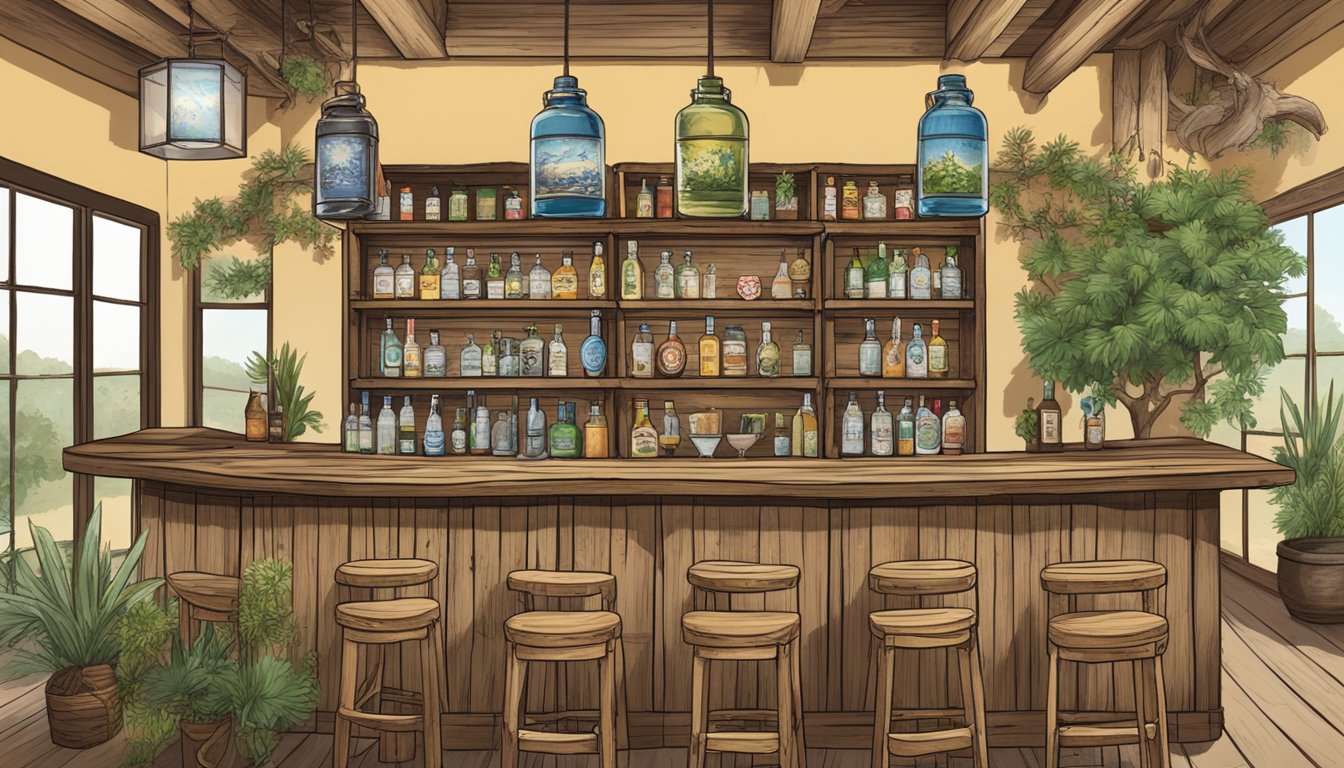 A rustic wooden bar adorned with Texas-inspired sake cocktails, surrounded by indigenous flora and fauna