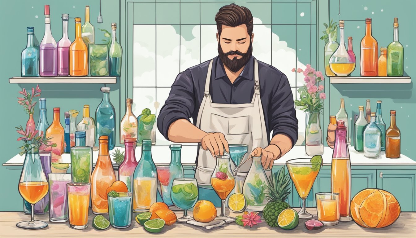 A bartender meticulously mixes Texas sake with fresh ingredients, surrounded by an array of colorful cocktail garnishes and glassware