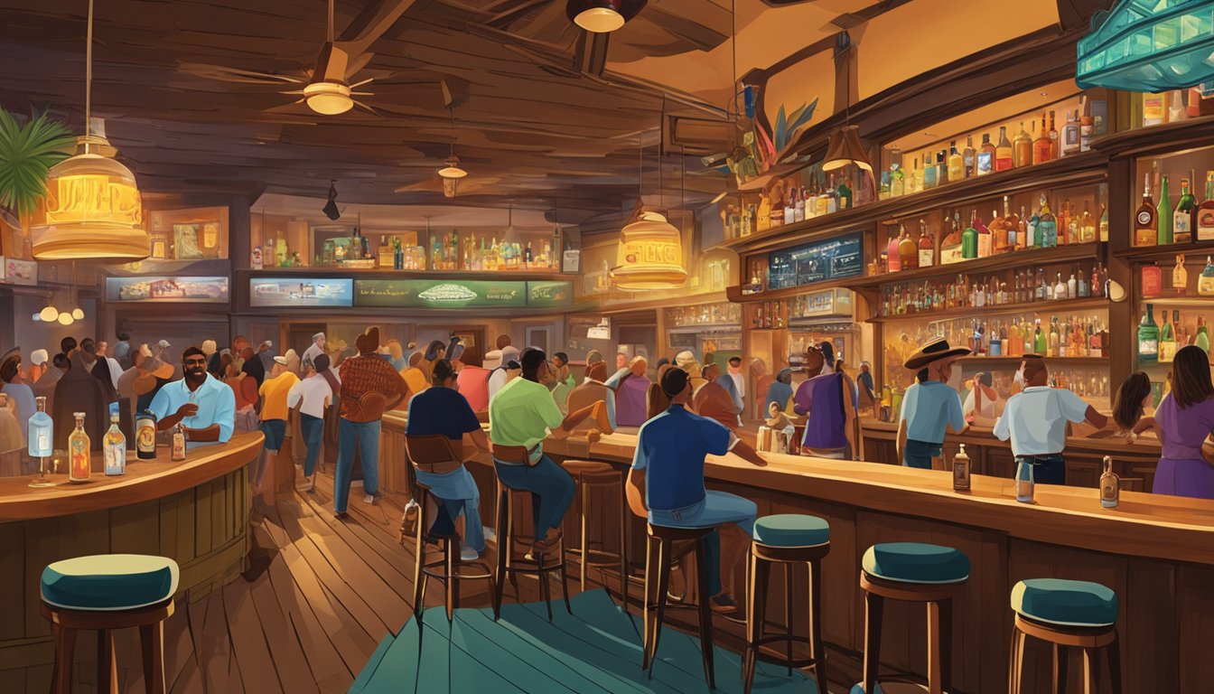 A bustling Texas bar with a diverse crowd enjoying rum cocktails, live music, and vibrant decor reflecting the cultural impact of rum in the Lone Star State