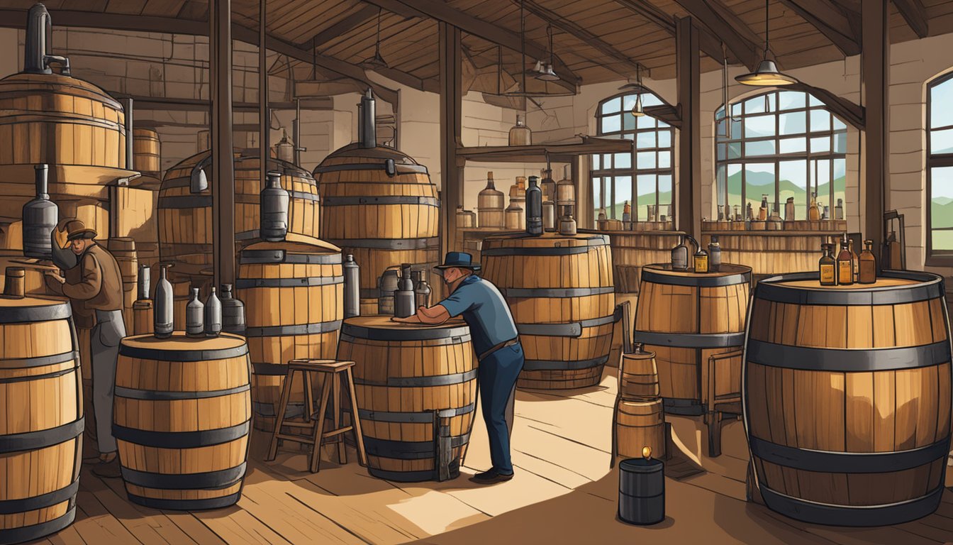 A bustling Texas distillery with diverse spirits on display, including rum aged in oak barrels