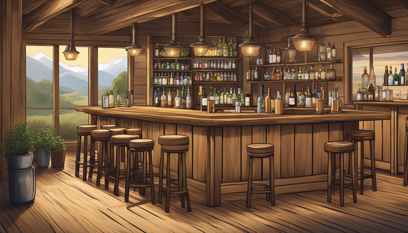 A rustic bar setting with Texas-inspired decor and a variety of sake cocktails displayed on a wooden counter