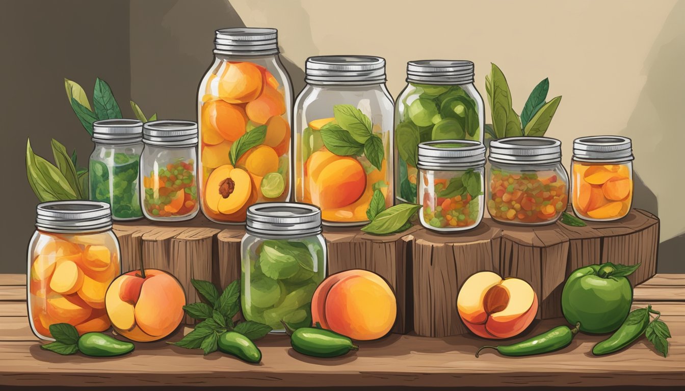 A rustic wooden table with mason jars filled with colorful Texas ingredients like peaches, jalapenos, and herbs, surrounded by bottles of clear liquors