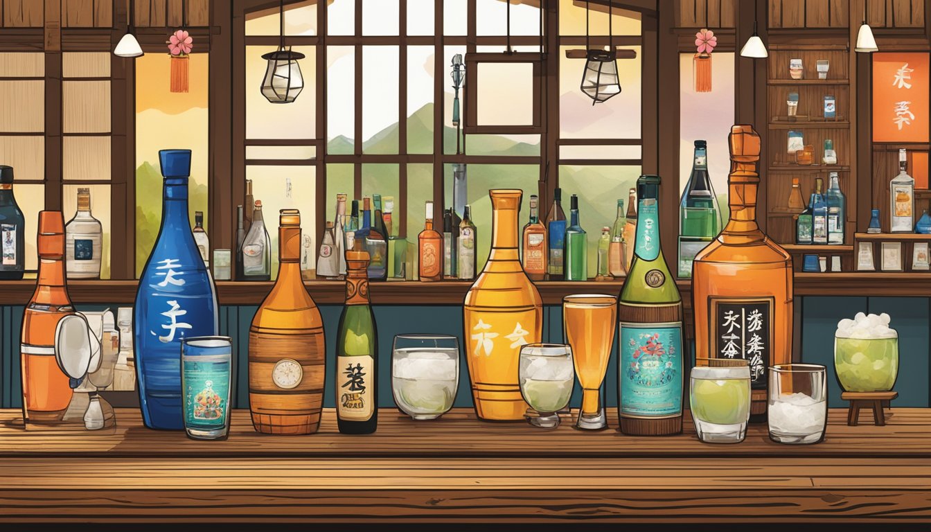 A rustic bar setting with a variety of Texas-inspired sake cocktails on display, surrounded by vibrant colors and traditional Japanese sake vessels