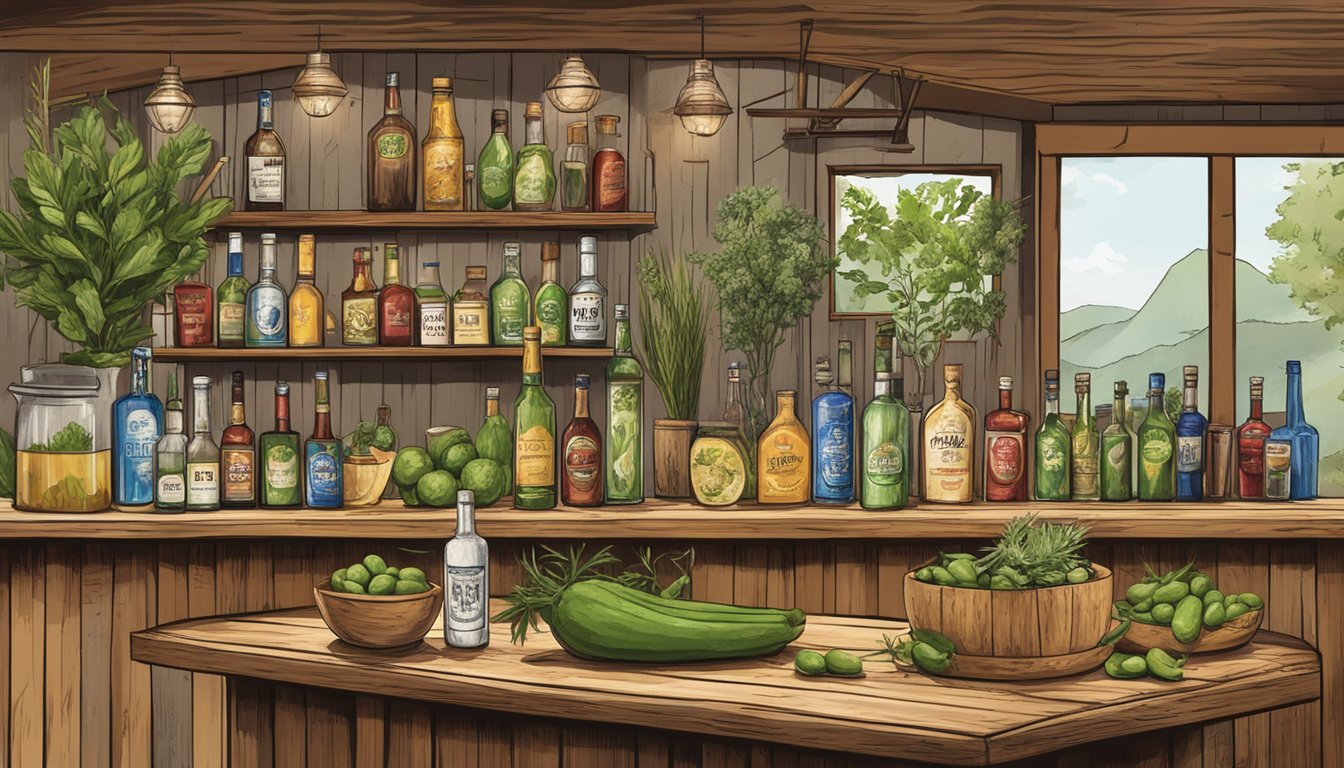 A rustic wooden bar adorned with Texas-inspired sake cocktails and various ingredients like jalapenos, prickly pear, and local herbs