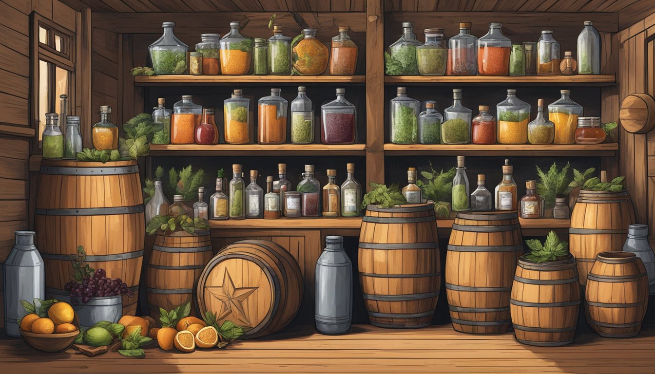 Various Texas ingredients, such as fruits, herbs, and spices, are being infused into different types of spirits in a rustic distillery setting