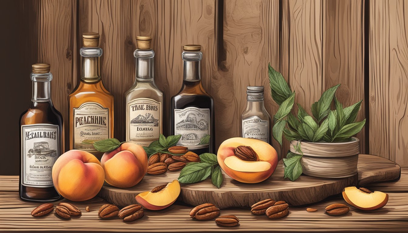 A rustic wooden table adorned with fresh Texas ingredients such as peaches, pecans, and herbs, alongside various bottles of liquor and jars of spices