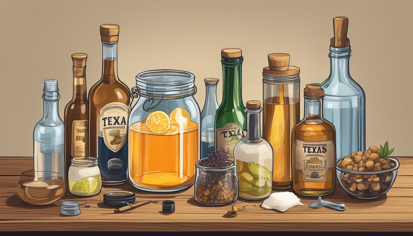 A glass jar filled with Texas ingredients, surrounded by bottles of liquor and various tools for infusion on a wooden table