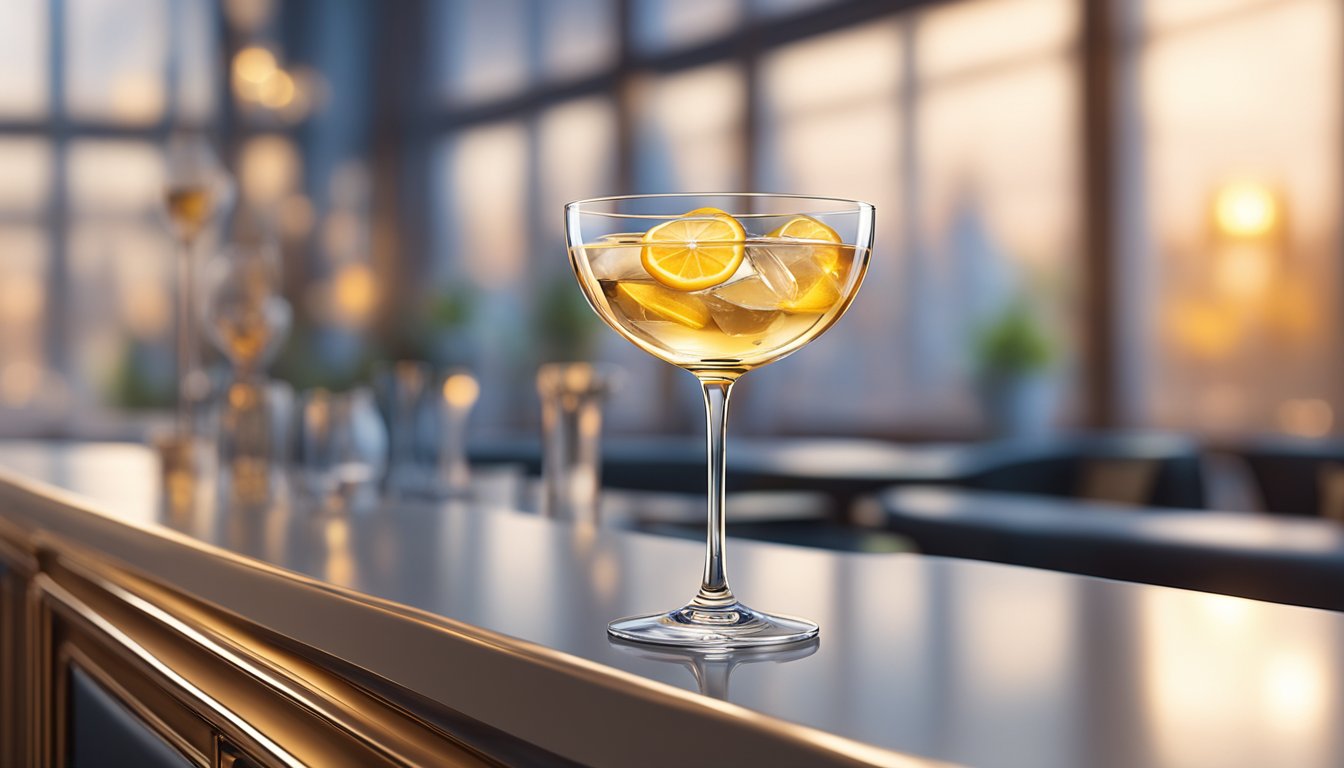 A sleek, crystal-clear coupe glass sits on a marble bar, reflecting the soft glow of the ambient lighting, enhancing the elegance of the cocktail within