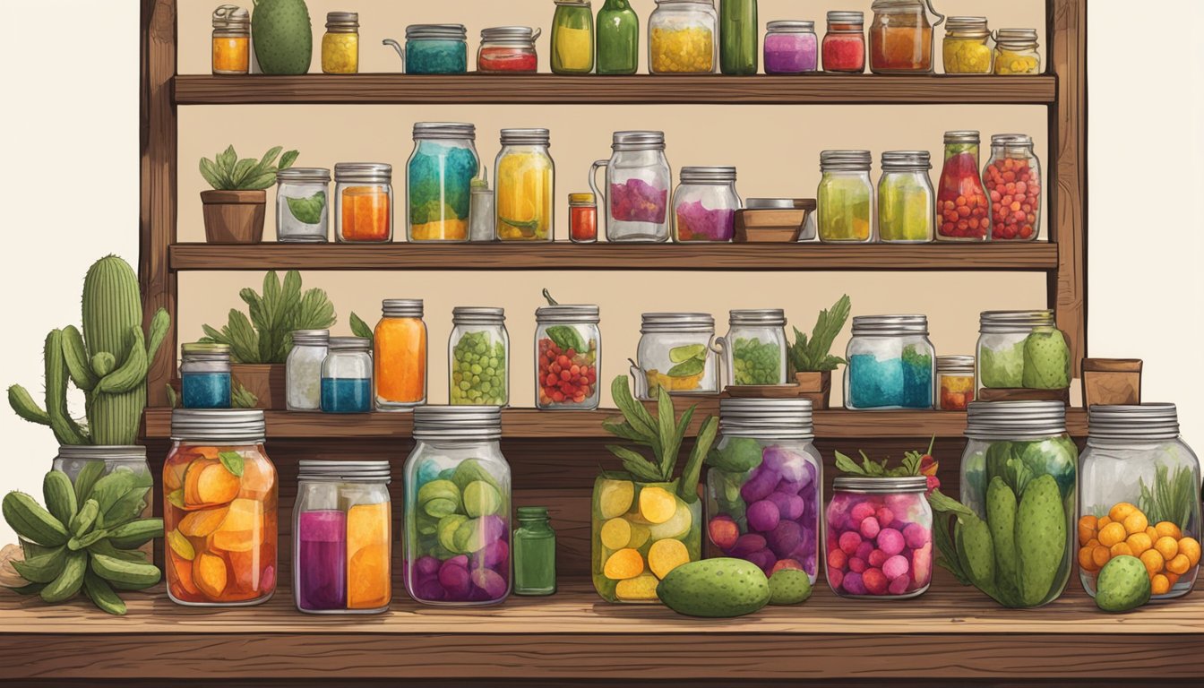 A rustic wooden bar with shelves of mason jars filled with colorful infused liquors, surrounded by Texas ingredients like prickly pear and jalapenos