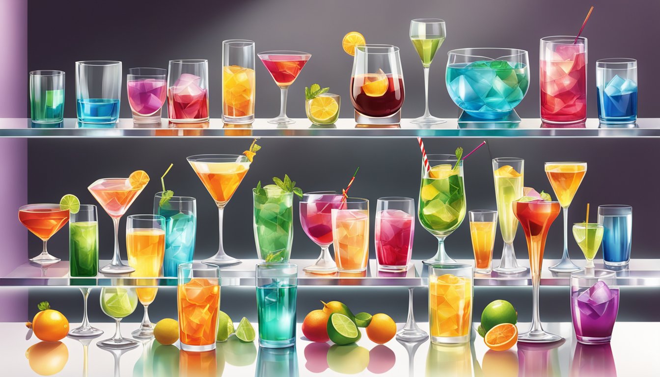 A variety of elegant glassware arranged on a sleek, backlit bar, catching the light and reflecting the vibrant colors of the cocktails within