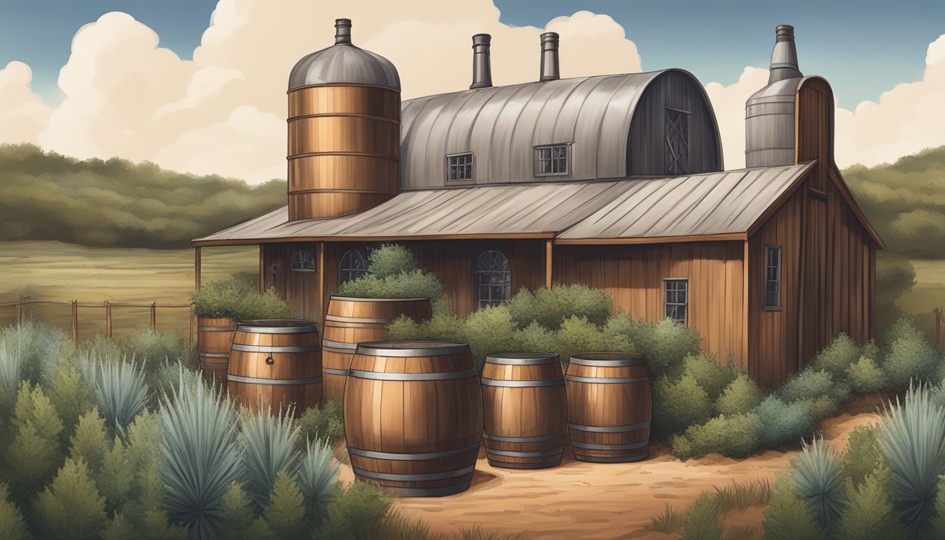 A rustic Texas distillery with copper stills and oak barrels surrounded by fields of juniper and botanicals