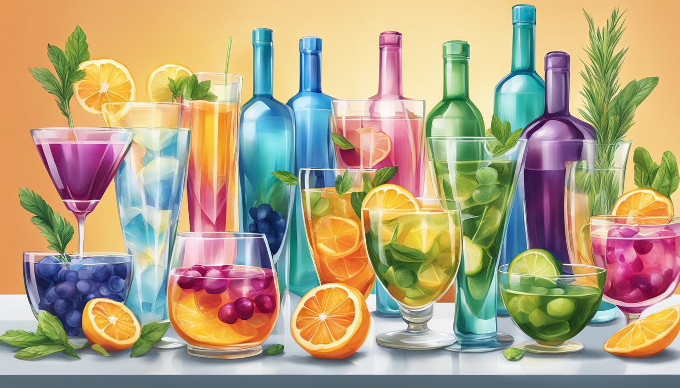 A colorful array of garnishes and glassware arranged in an artistic display, showcasing the intersection of art and flavor in cocktail presentation