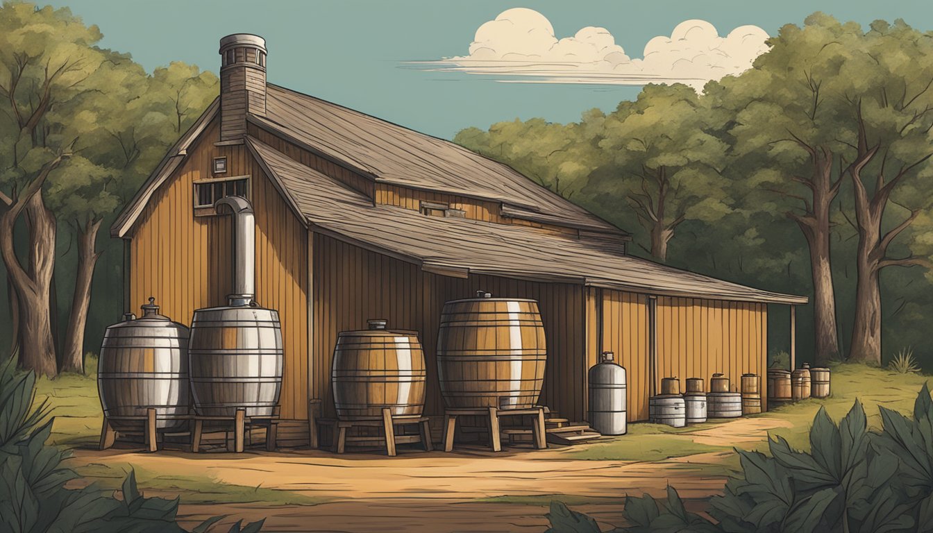 A rustic Texas distillery showcasing local ingredients being infused into liquors